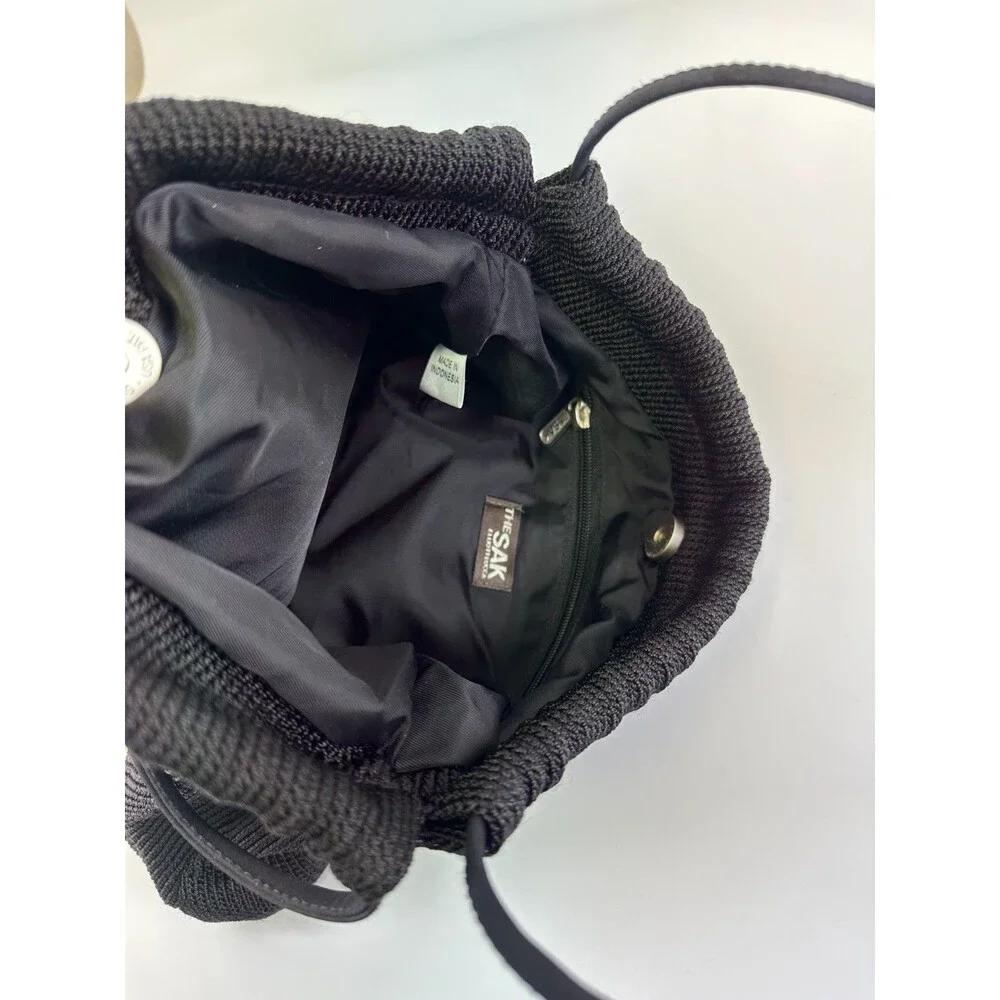 The Sak Crochet Black Shoulder Bag Double Round Handles Hobo With Wallet Snap